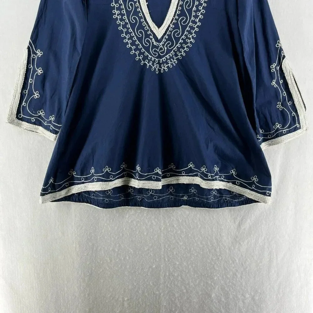 Adrienne Vittadini Dress Tunic M Blue Embroidered V Neck Flare Hem Unlined Boho - Picture 7 of 13